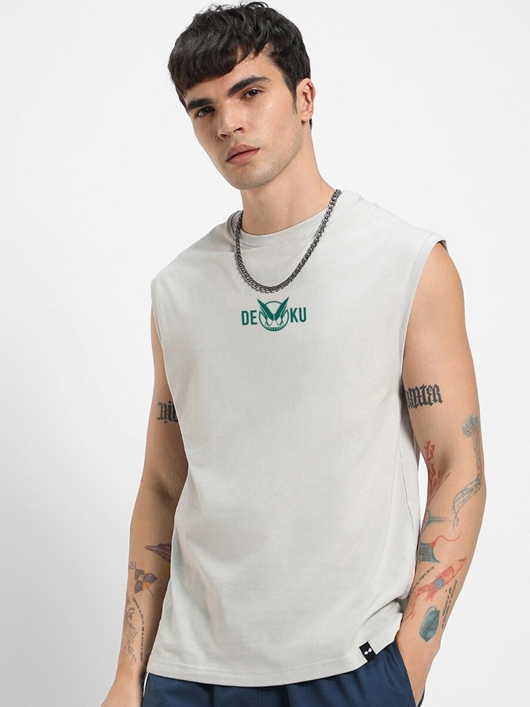 

Bewakoof Graphic Printed Sleeveless Pure Cotton T-Shirt, Grey