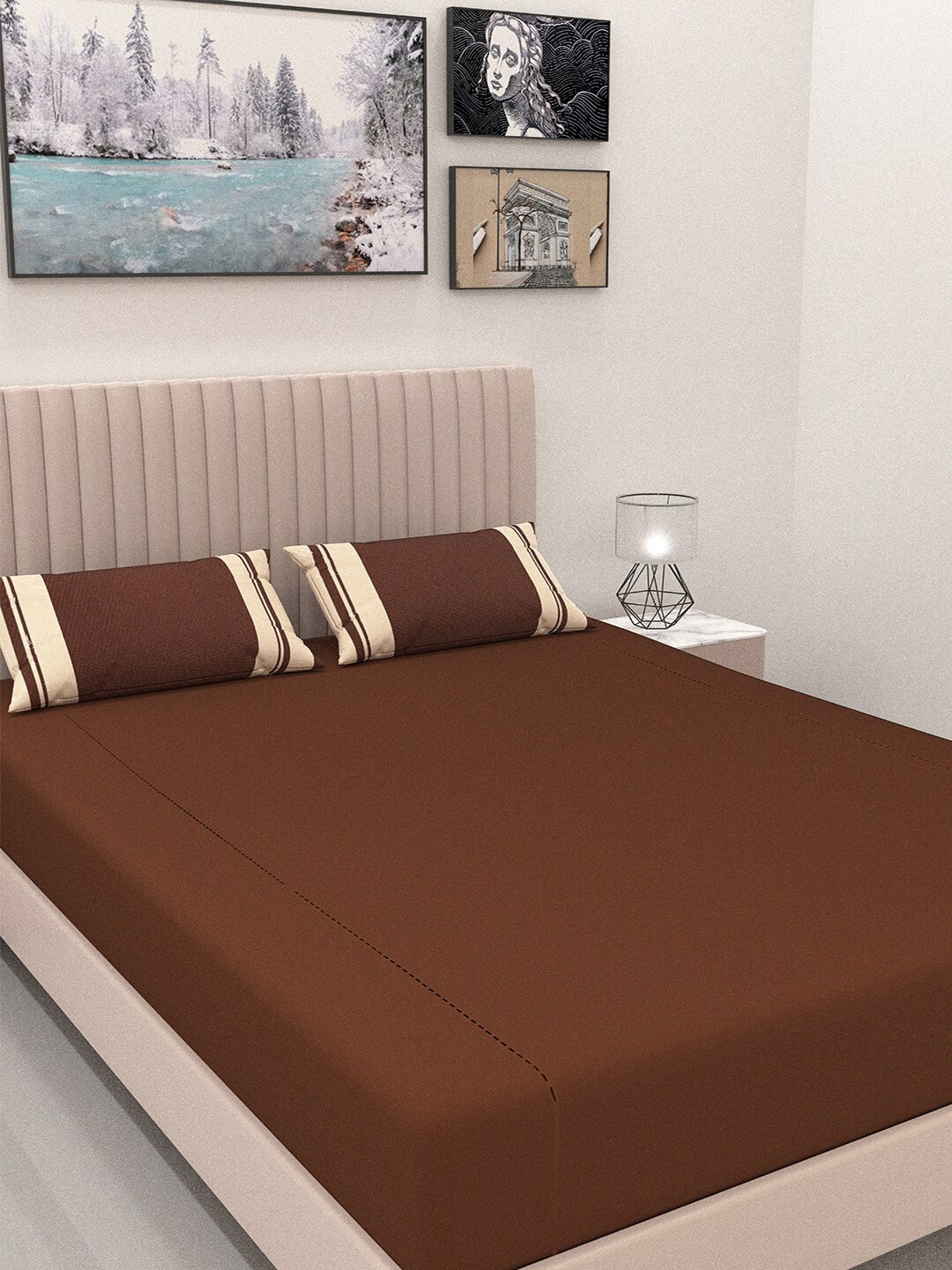 

ANWYN Brown & Cream Coloured Cotton 300 TC Queen Bedsheet With 2 Pillow Covers