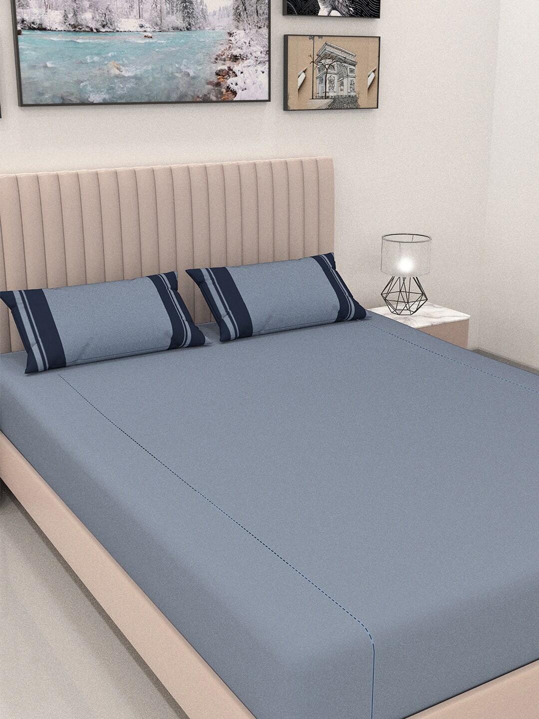 

ANWYN Blue & Navy Blue Cotton 300 TC Queen Bedsheet With 2 Pillow Covers