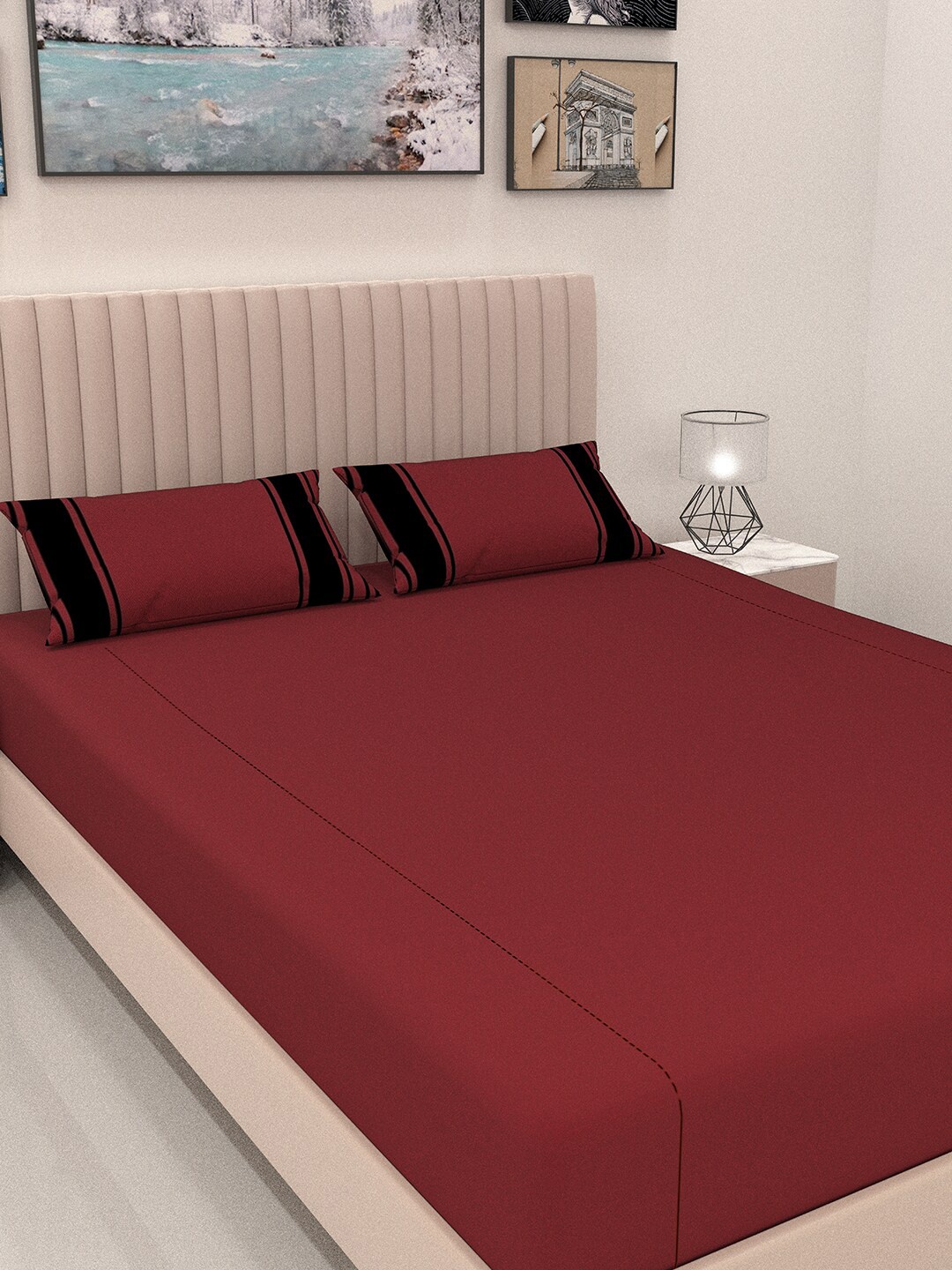 

ANWYN Maroon & Black Cotton 300 TC Queen Bedsheet With 2 Pillow Covers