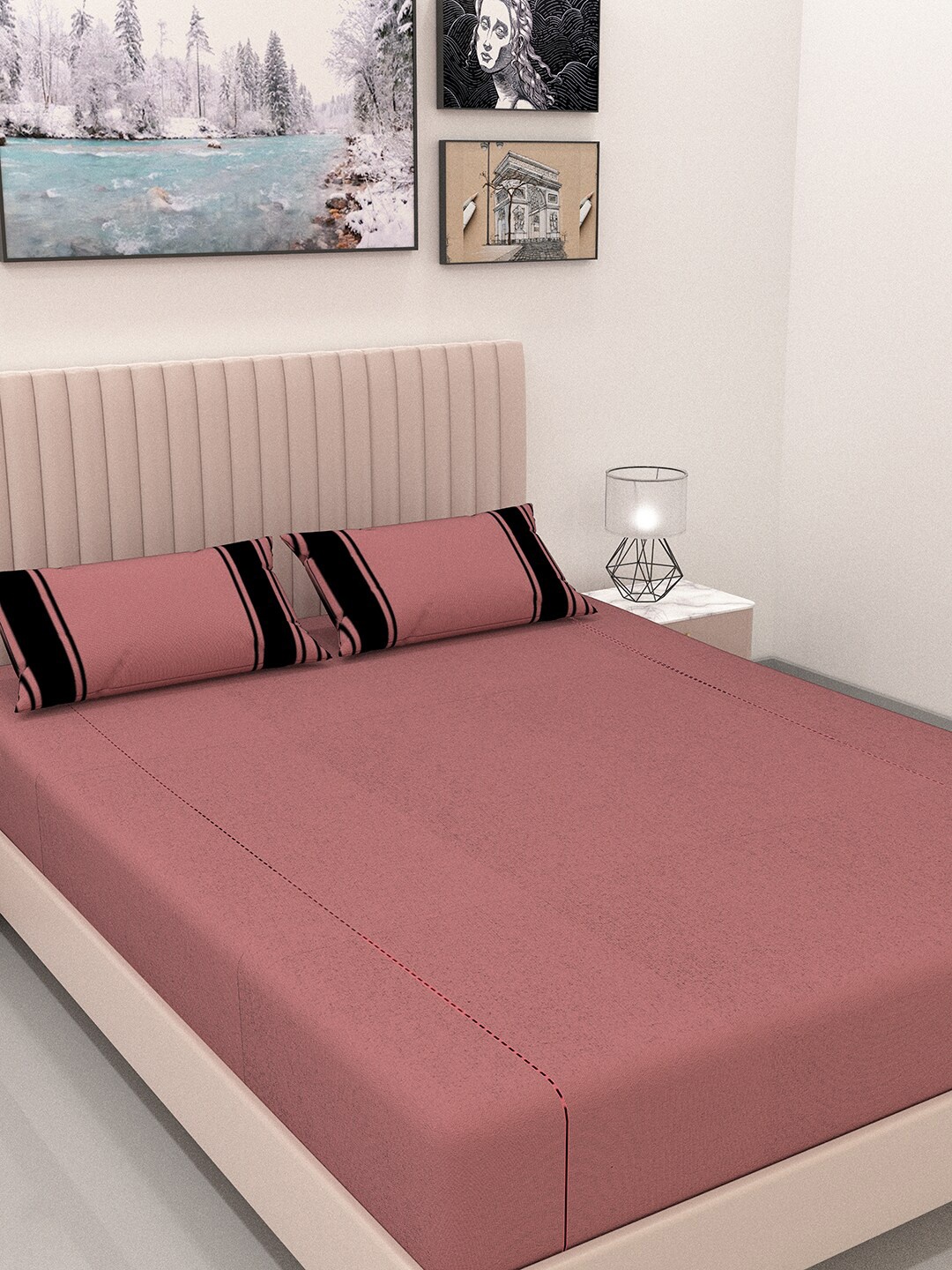 

ANWYN Coral & Black Cotton 300 TC Queen Bedsheet With 2 Pillow Covers