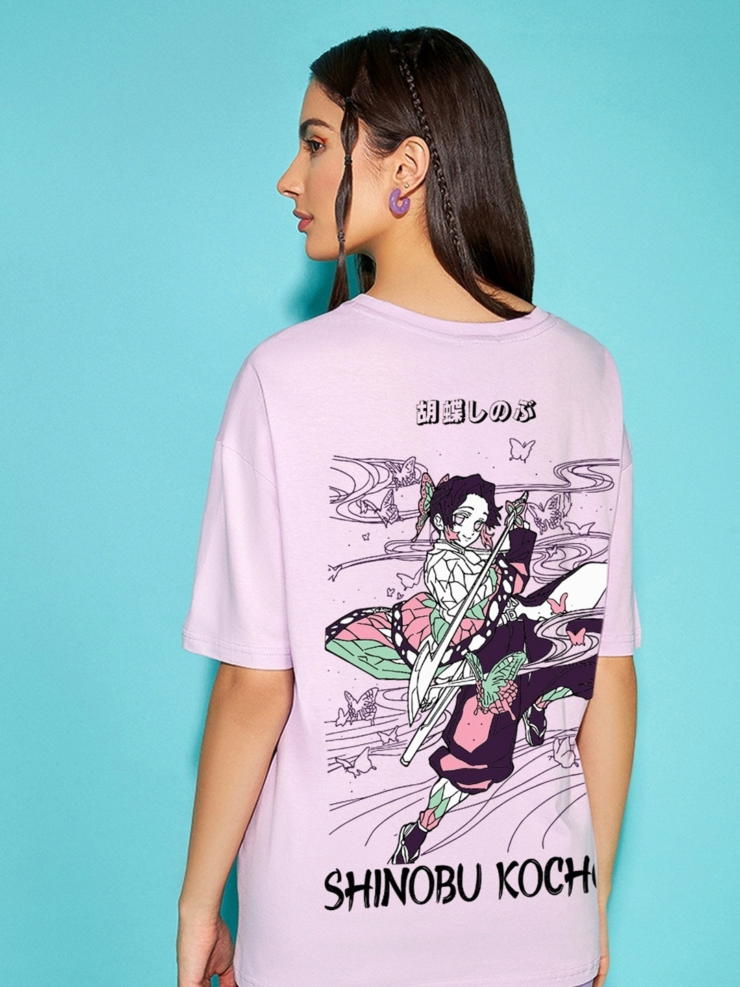 

Bewakoof Shinobu Kocho Printed Oversized Pure Cotton T-shirt, Purple