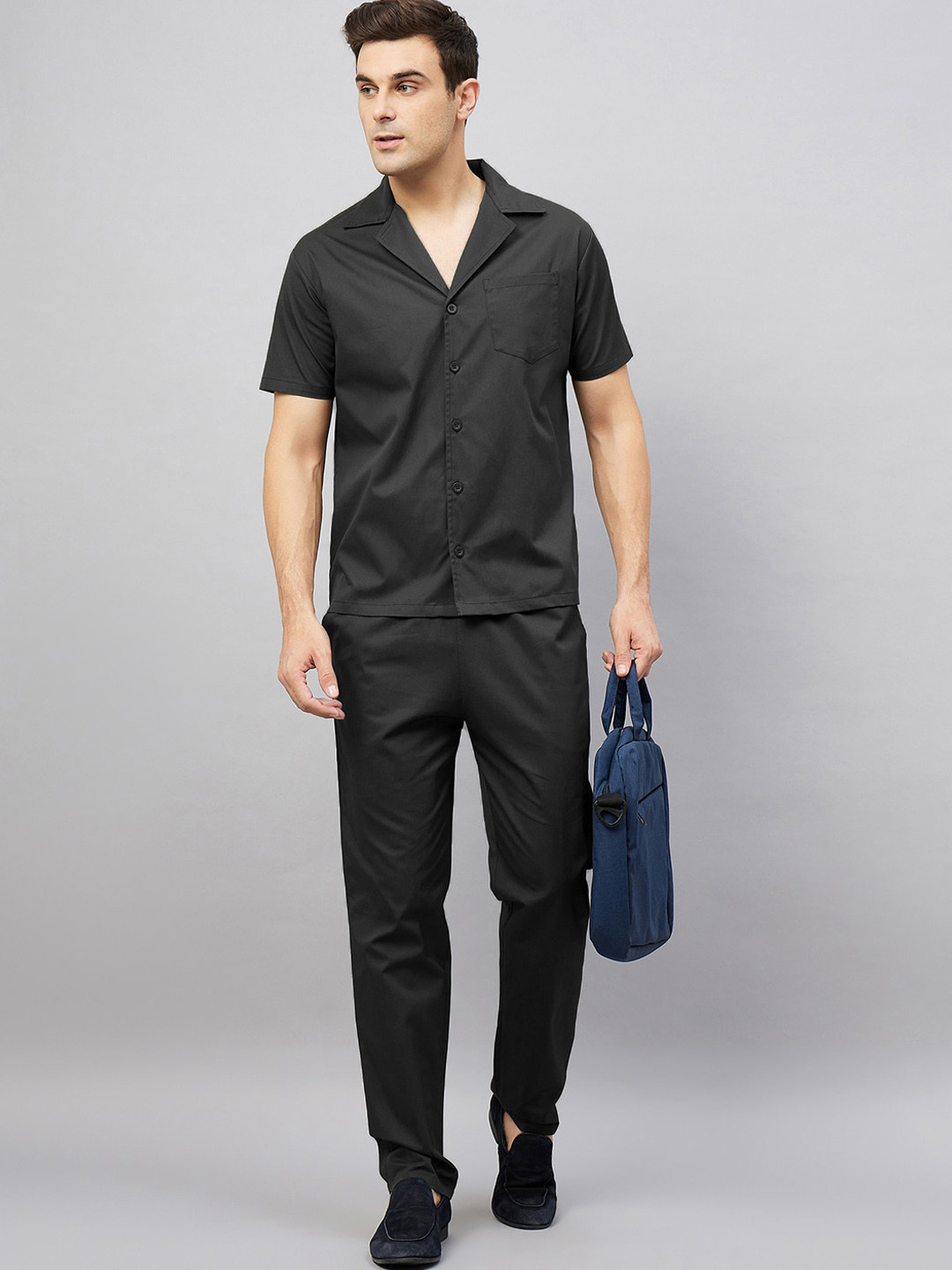 

CHROME & CORAL Cuban Collar Pure Cotton Co-Ord Set, Black