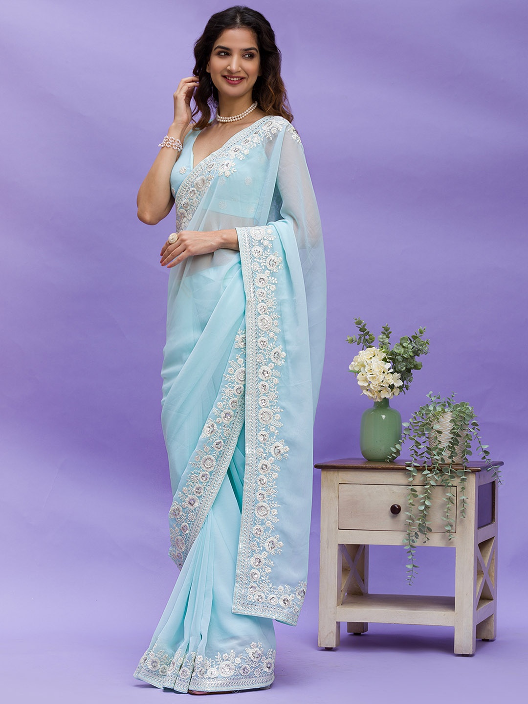 

Koskii Embroidered Sequinned Poly Georgette Saree, Blue