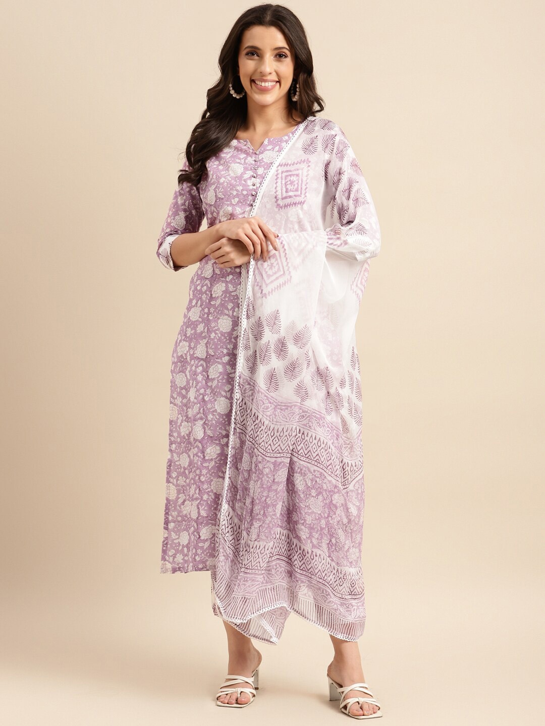 

KALINI Floral Printed Straight Kurta & Trousers With Dupatta, Purple
