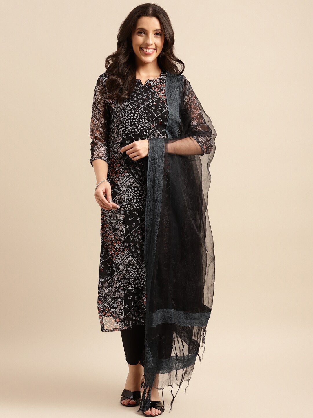 

KALINI Floral Printed Straight Kurta & Trousers With Dupatta, Black