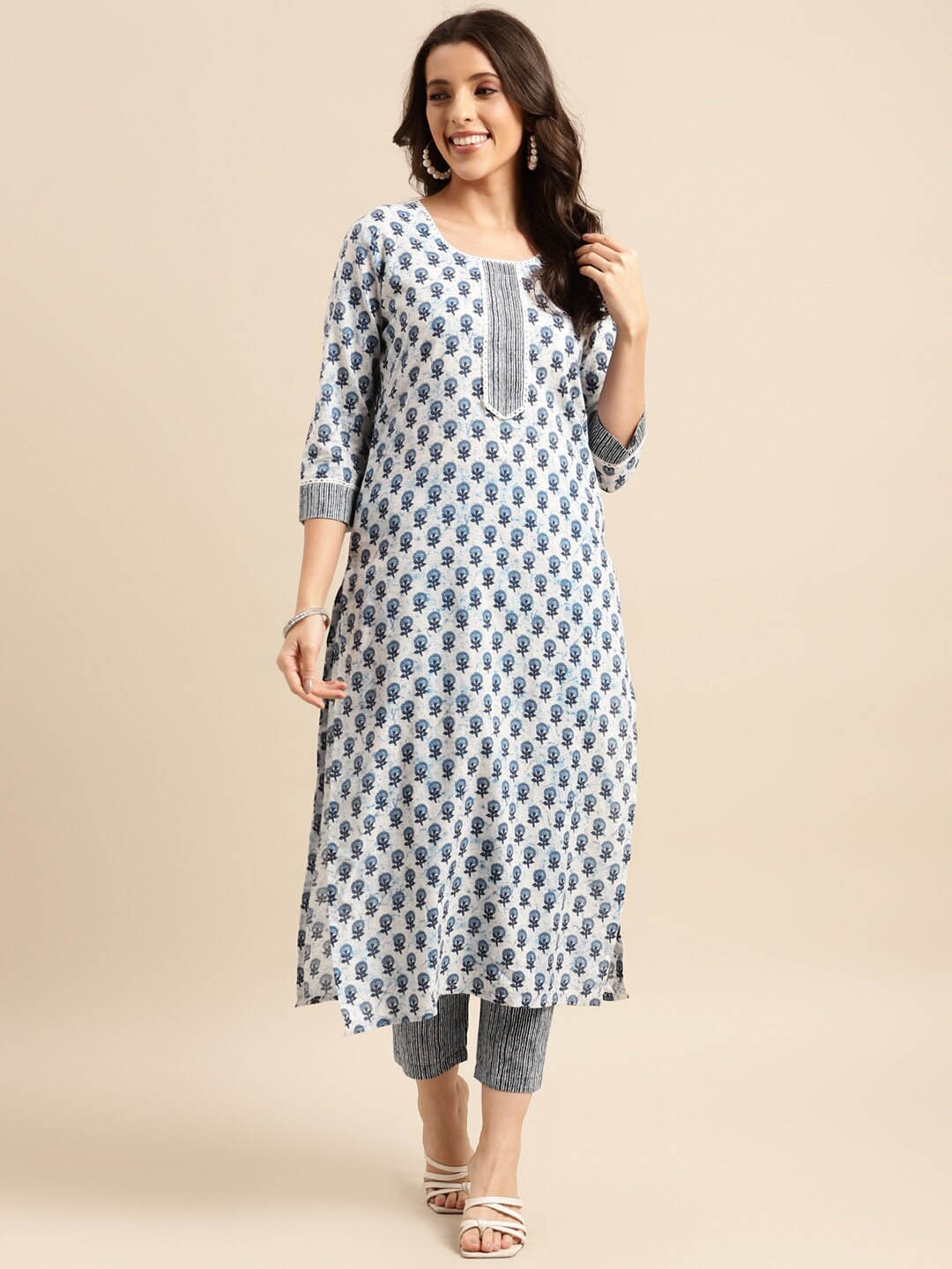 

KALINI Ethnic Motifs Printed Round Neck Kurta with Trousers, Blue