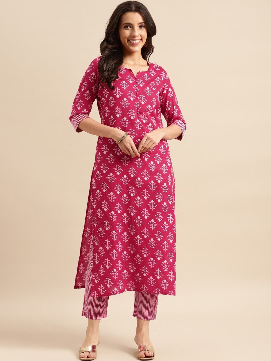 

KALINI Ethnic Motifs Printed Round Neck Kurta With Trousers, Pink