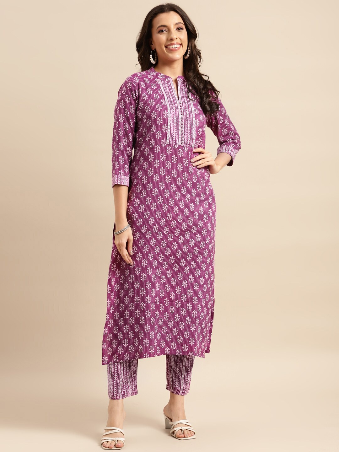

KALINI Ethnic Motifs Printed Straight Kurta with Trousers, Purple