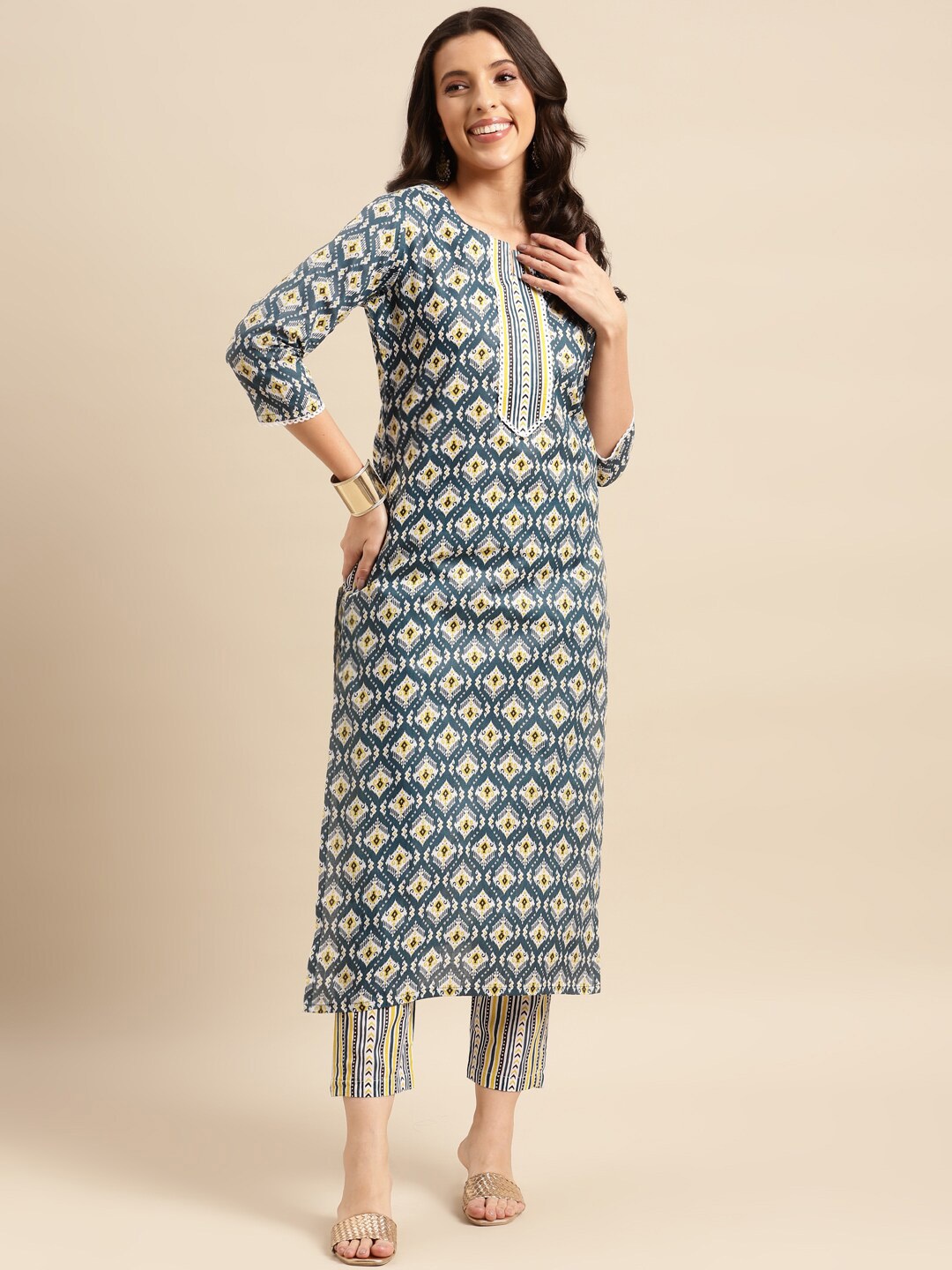 

KALINI Ethnic Motifs Printed Round Neck Kurta with Trousers, Blue