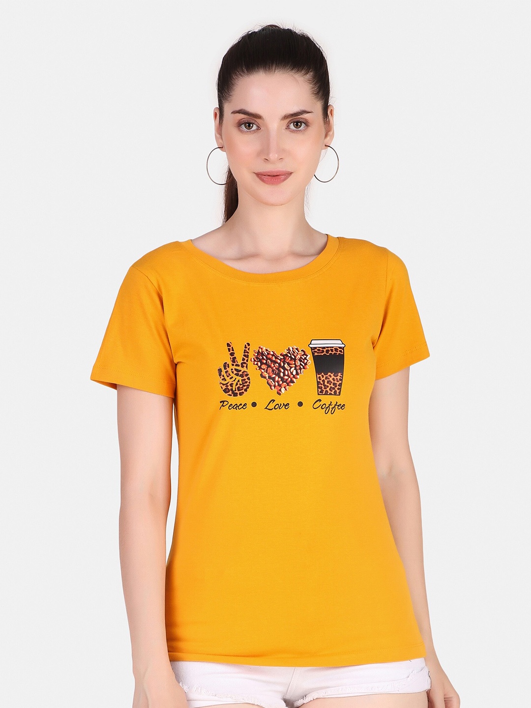 

Jollify Conversational Printed Pure Cotton T-shirt, Mustard