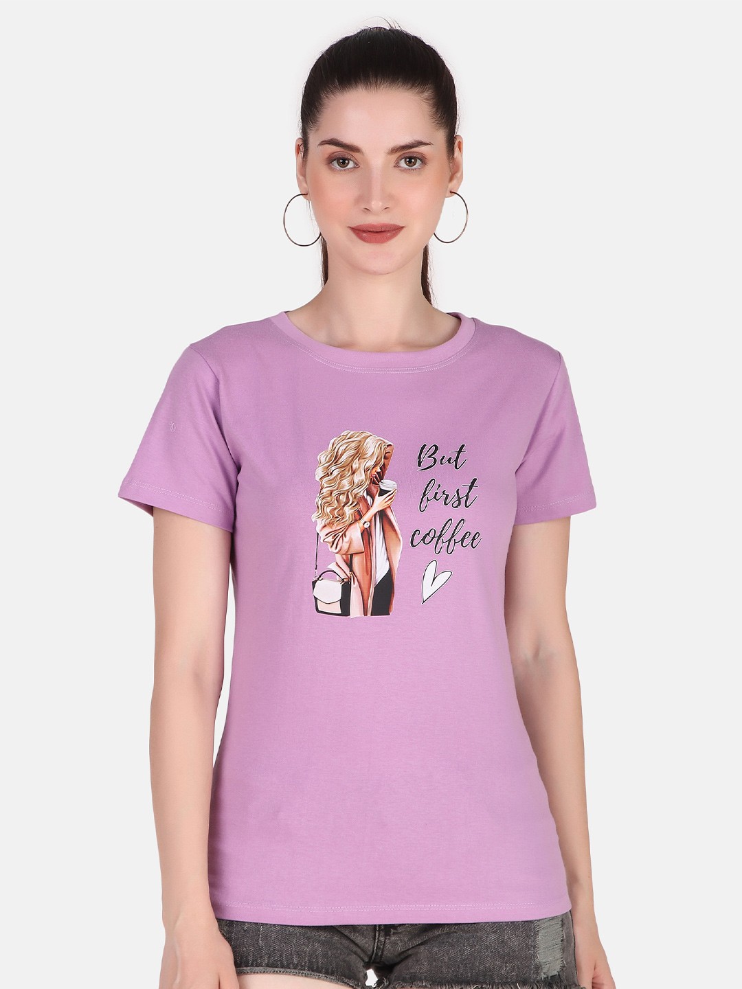 

Jollify Graphic Printed Round Neck Pure Cotton Regular T-shirt, Lavender