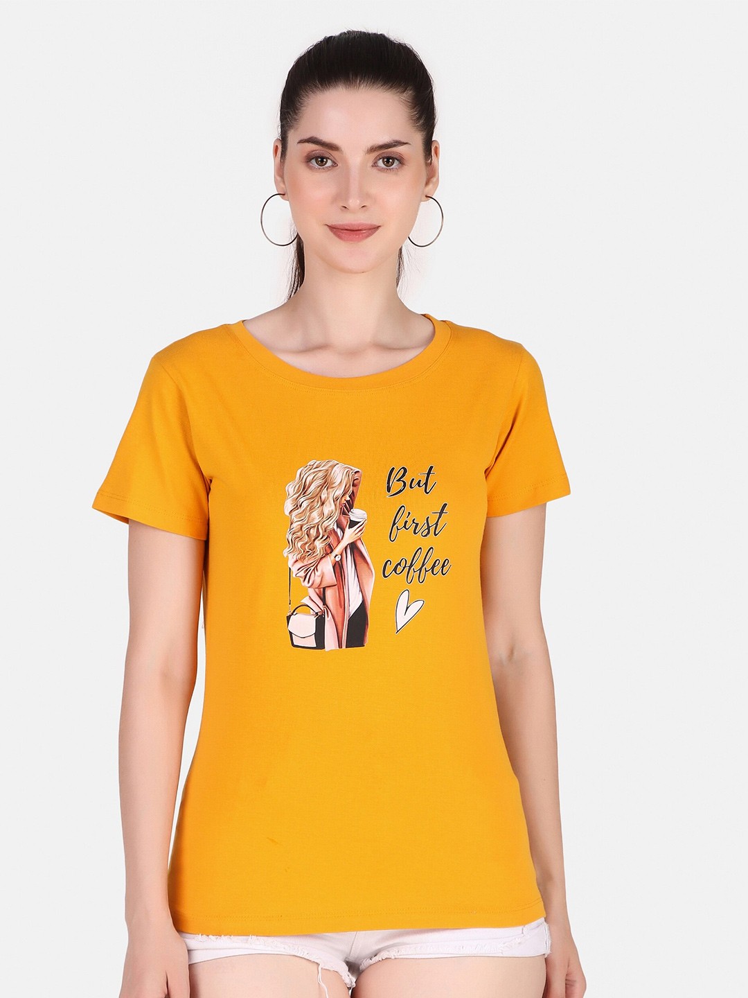 

Jollify Graphic Printed Round Neck Pure Cotton Regular T-shirt, Mustard