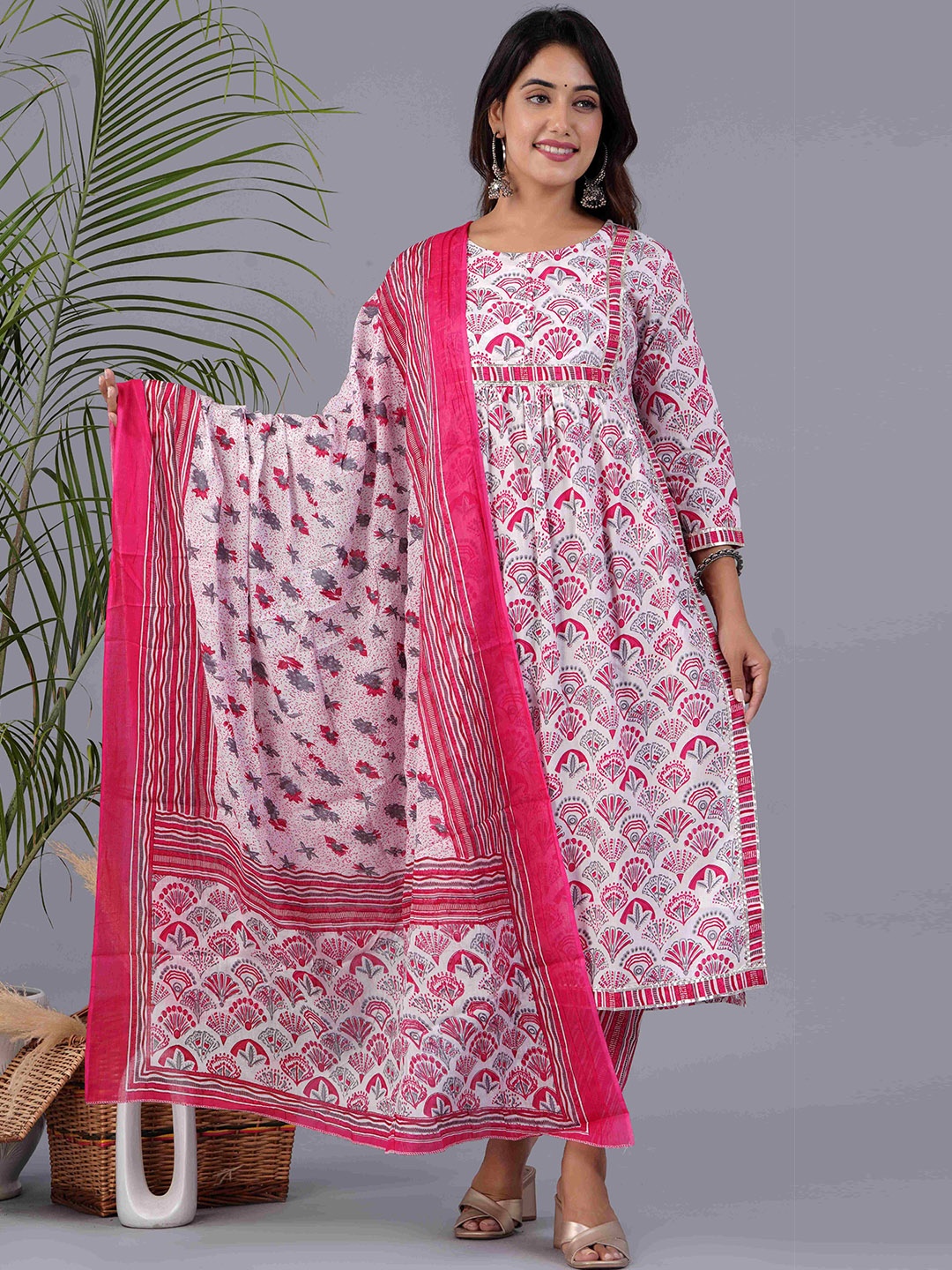

PARCHHAI Ethnic Motifs Printed Gotta Patti Pure Cotton Kurta with Trousers & Dupatta, Red