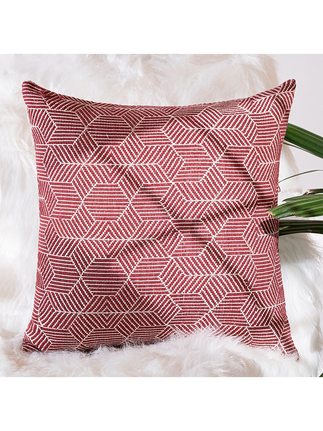 

ANWYN Red & White Geometric Printed Pure Cotton Square Cushion Cover