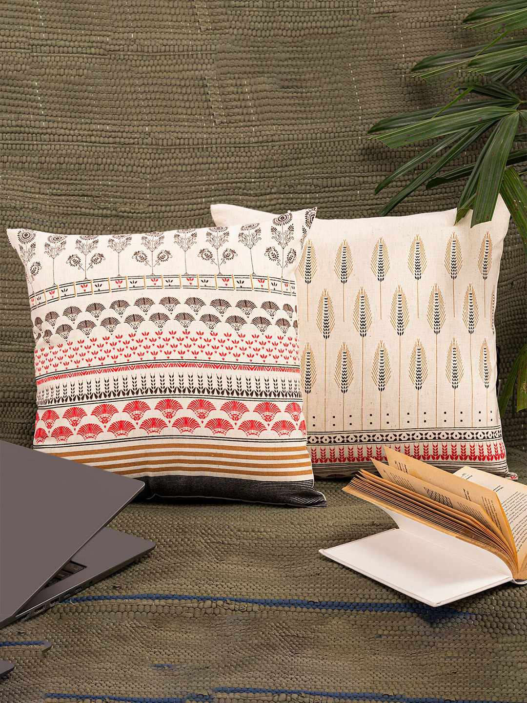 

ANWYN Beige & Red 2 Pieces Ethnic Motifs Printed Pure Cotton Square Cushion Covers