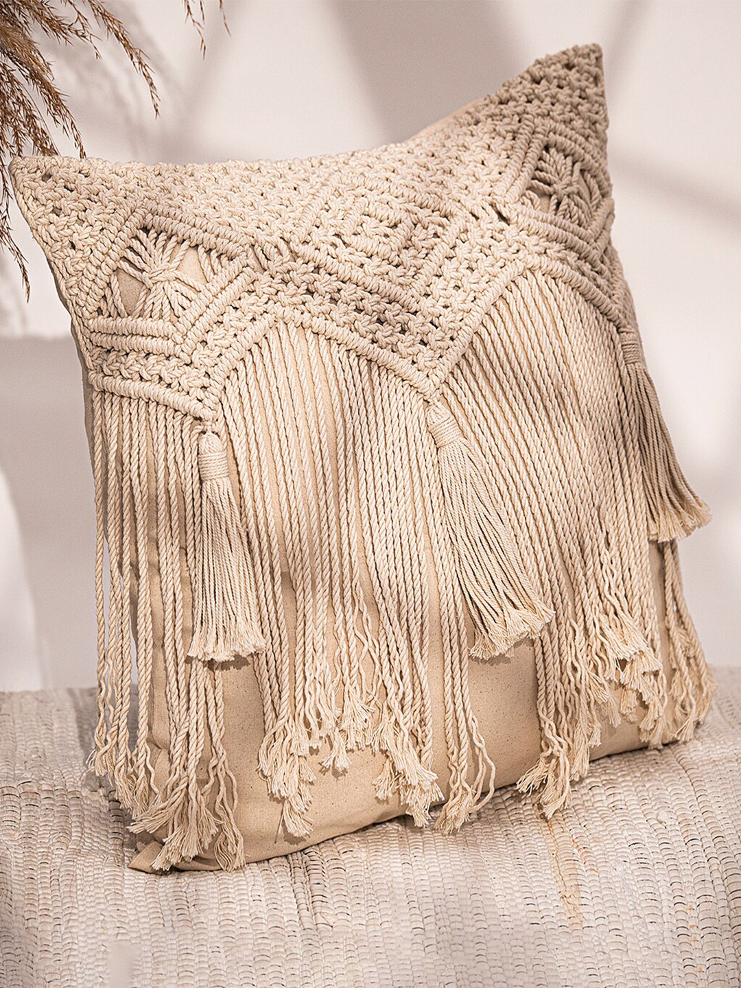 

ANWYN Beige Embellished Square Pure Cotton Cushion Cover