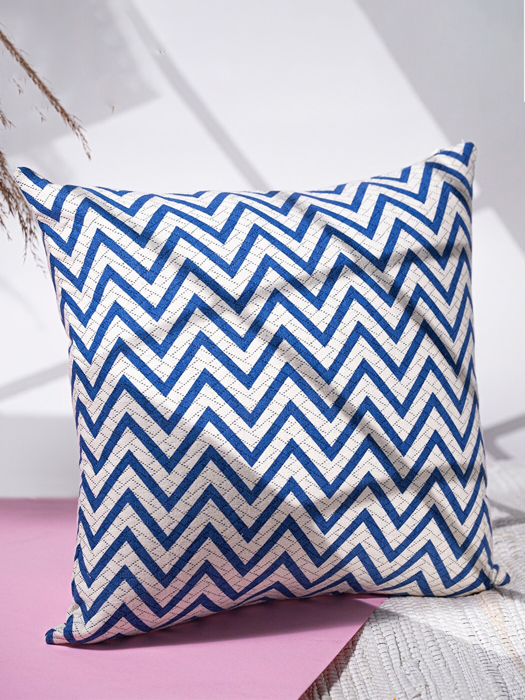 

ANWYN Blue & White Geometric Pure Cotton Square Cushion Cover