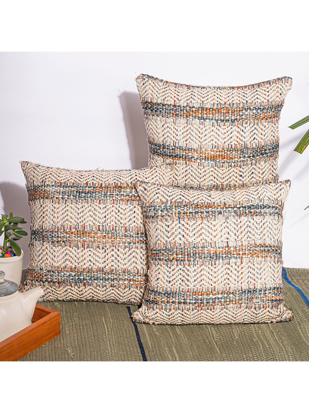 

ANWYN 3 Pcs Beige & Blue Pure Cotton Square Cushion Covers
