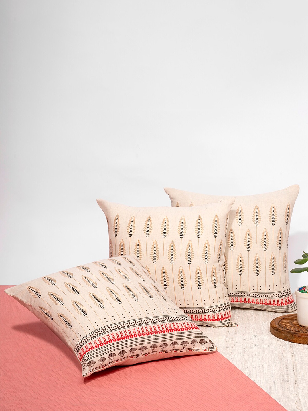 

ANWYN Beige & Red 3 Pieces Ethnic Motifs Printed Pure Cotton Square Cushion Covers