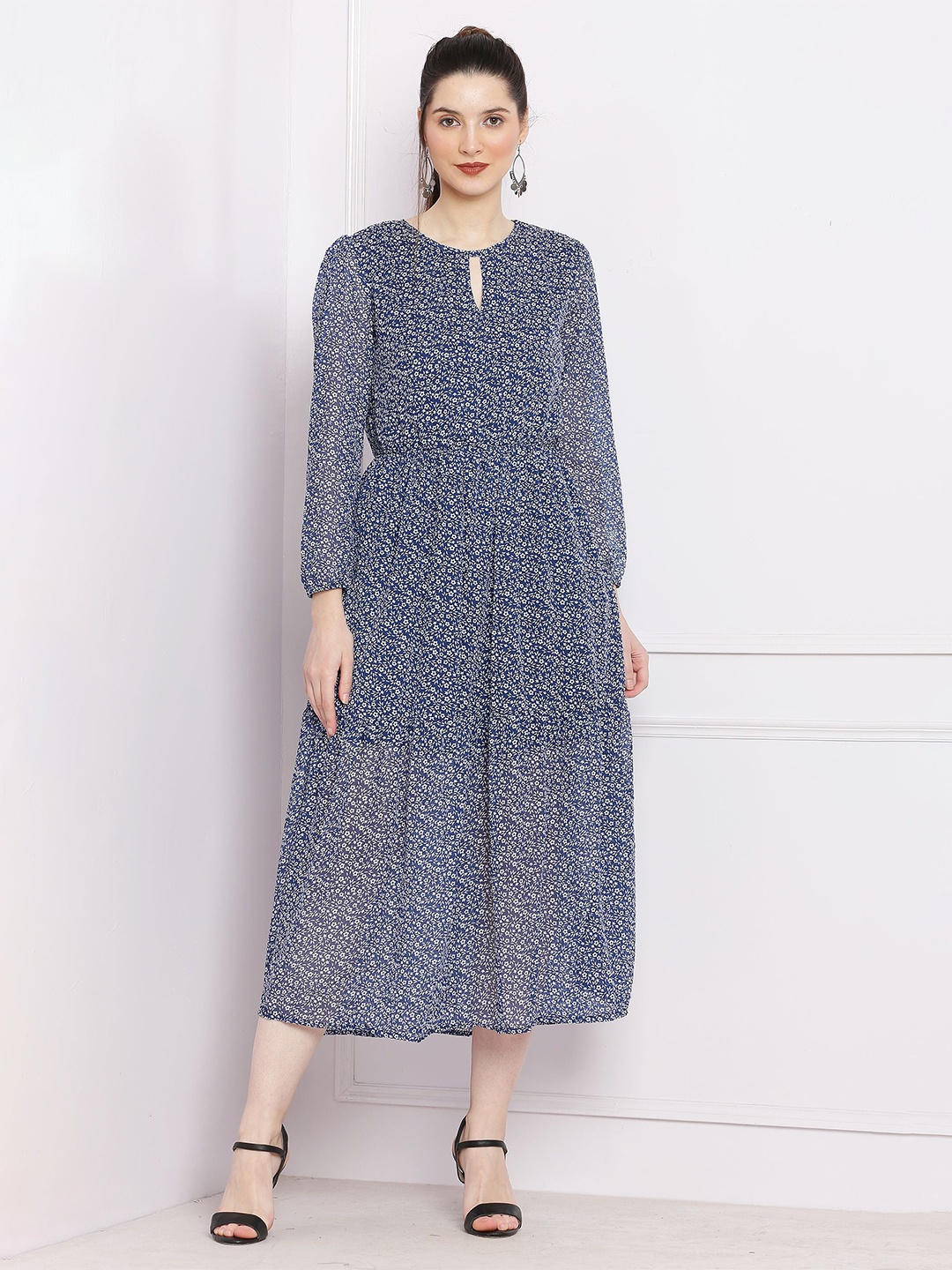 

SQew Floral Printed Keyhole Neck A-Line Midi Dress, Blue
