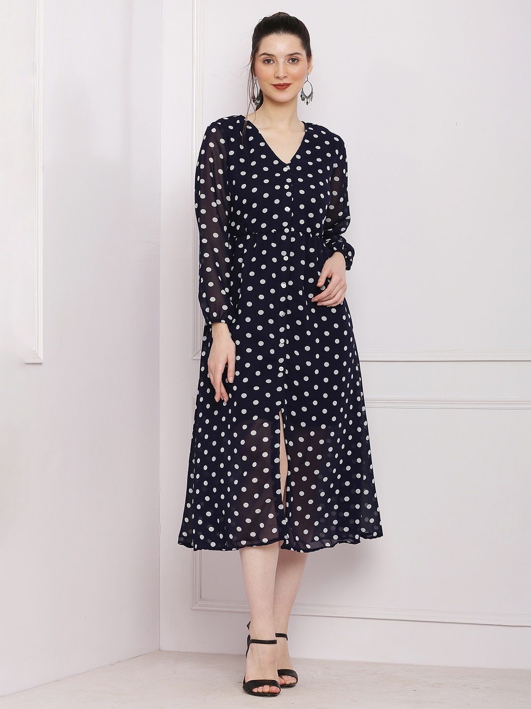 

SQew Polka Dot Belted V-Neck A-Line Dress, Black