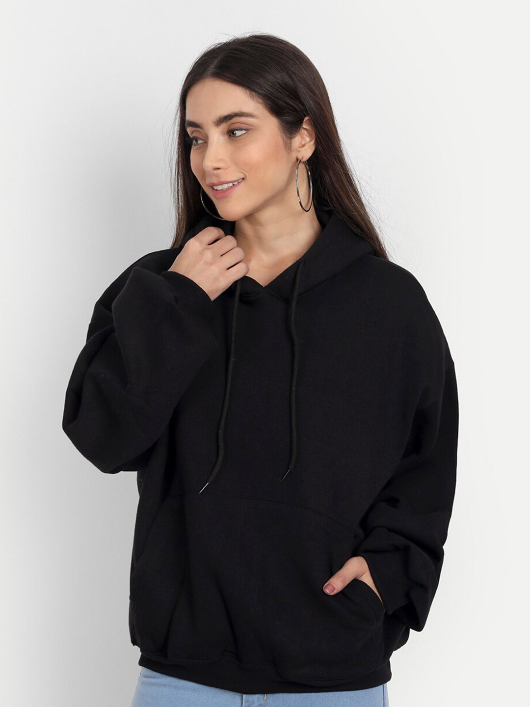 

COLOR CAPITAL Drop-Shoulder Sleeves Hooded Sweatshirt, Black
