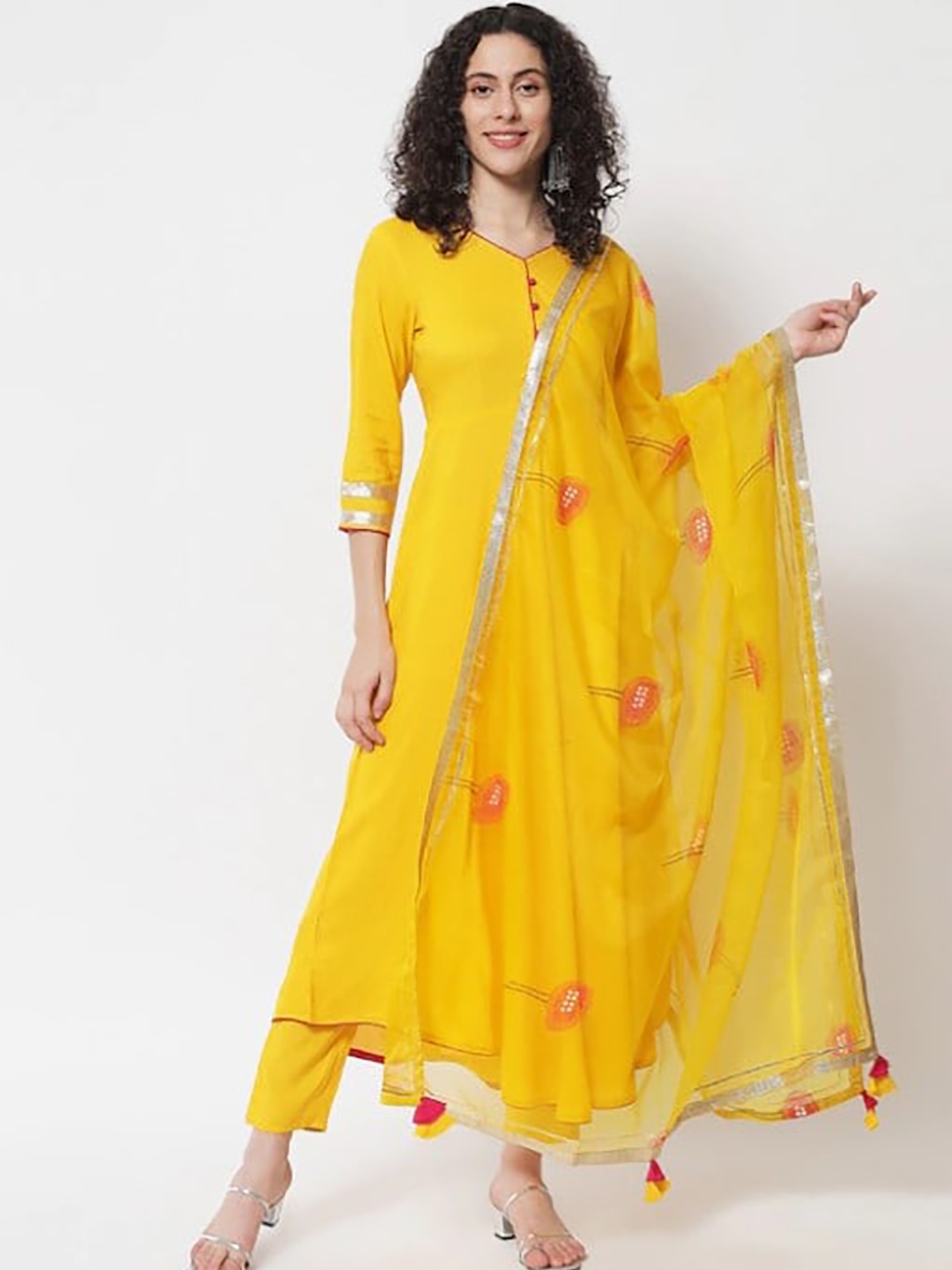 

Meeranshi Empire Gotta Patti Kurta With Trousers & Dupatta, Yellow