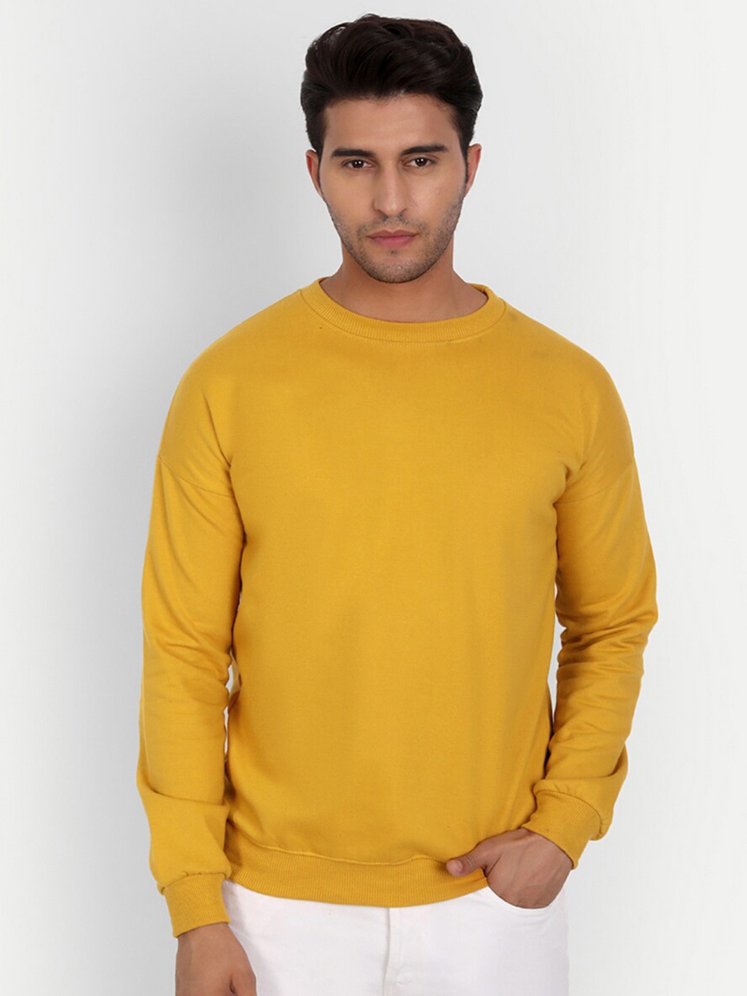 COLOR CAPITAL Round Neck Pullover Sweatshirt, Mustard