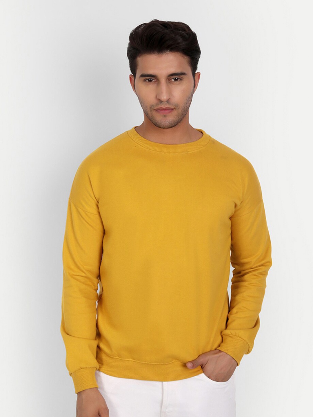

COLOR CAPITAL Round Neck Oversized Drop Shoulder Pullover Sweatshirt, Mustard