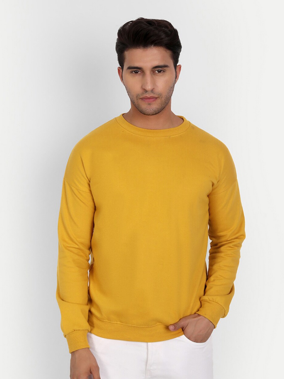 

COLOR CAPITAL Round Neck Drop-Shoulder Sleeves Sweatshirt, Mustard