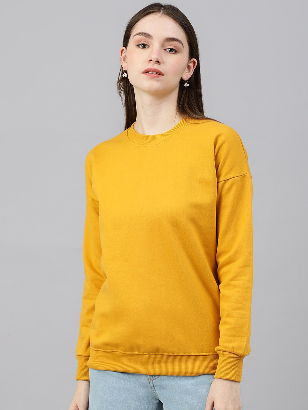 

COLOR CAPITAL Round Neck Drop-Shoulder Sleeves Sweatshirt, Mustard
