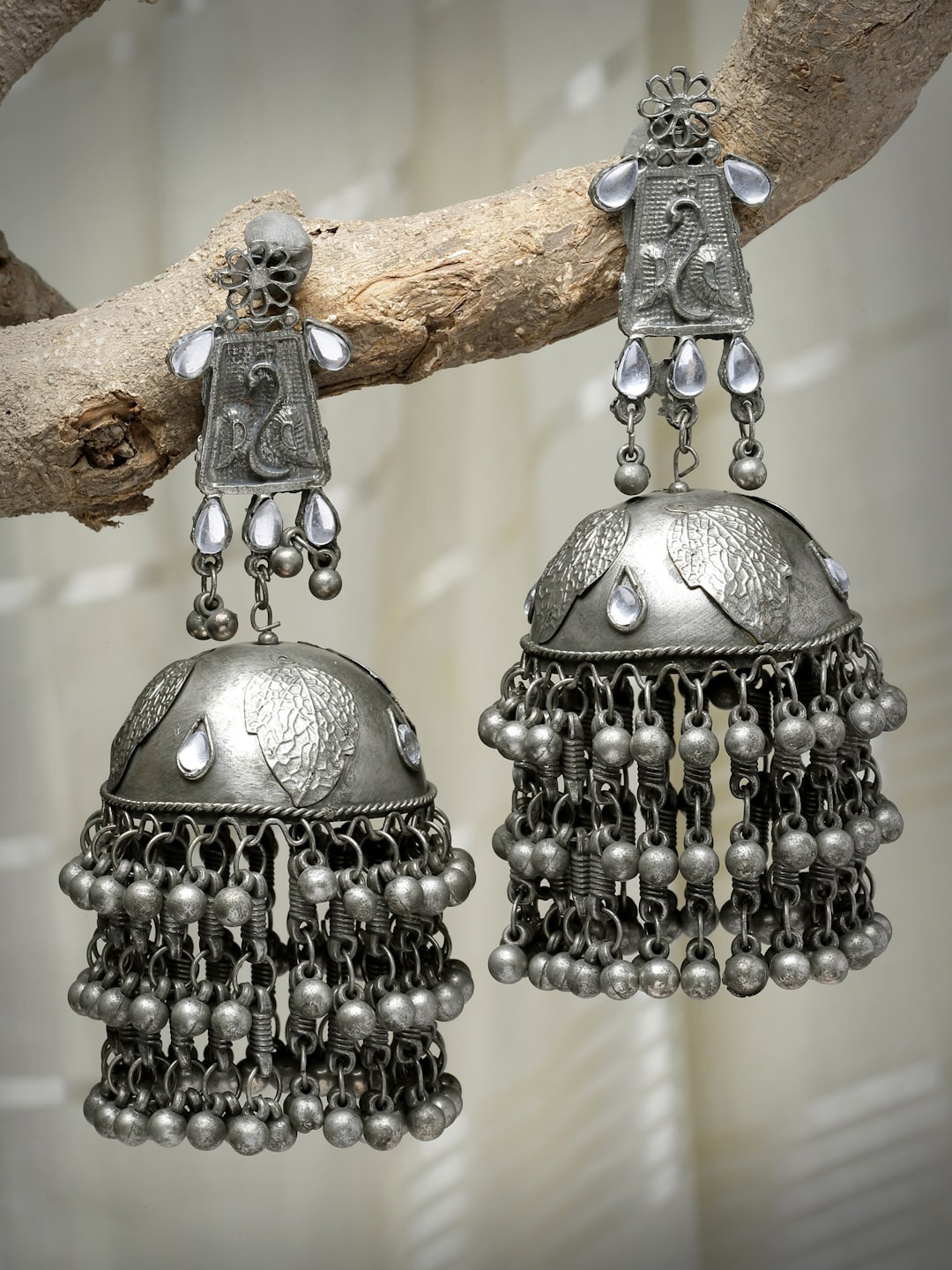 

Moedbuille Silver-Plated Crystals Studded Dome Shaped Jhumkas