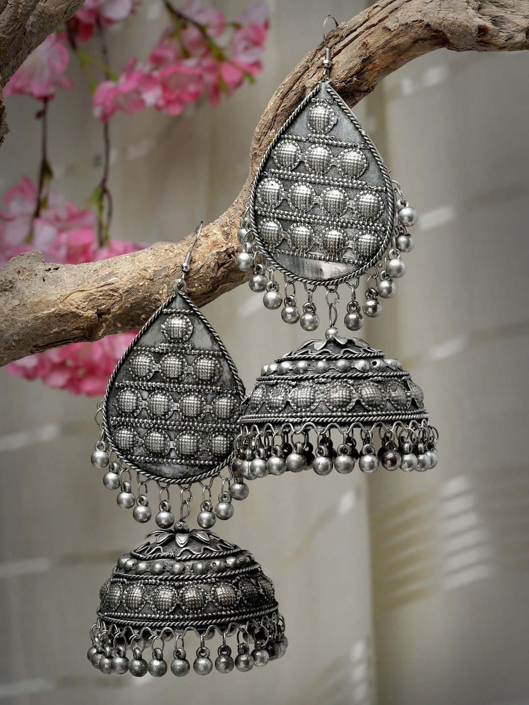 

Moedbuille Silver-Plated Dome Shaped Oxidised Jhumkas