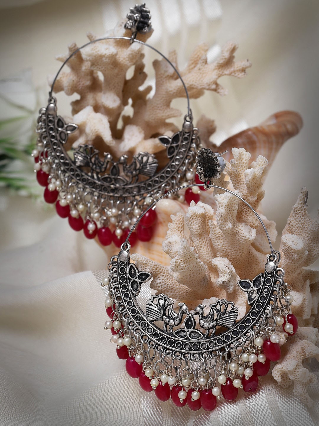 

Moedbuille Silver-Plated Pearls Crescent Shaped Chandbalis, Red
