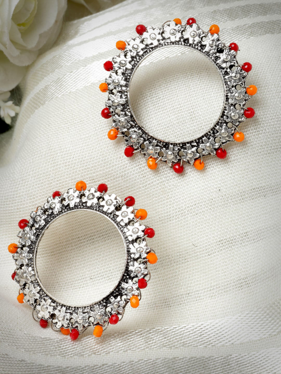 

Moedbuille Silver-Plated Circular Beaded Drop Earrings