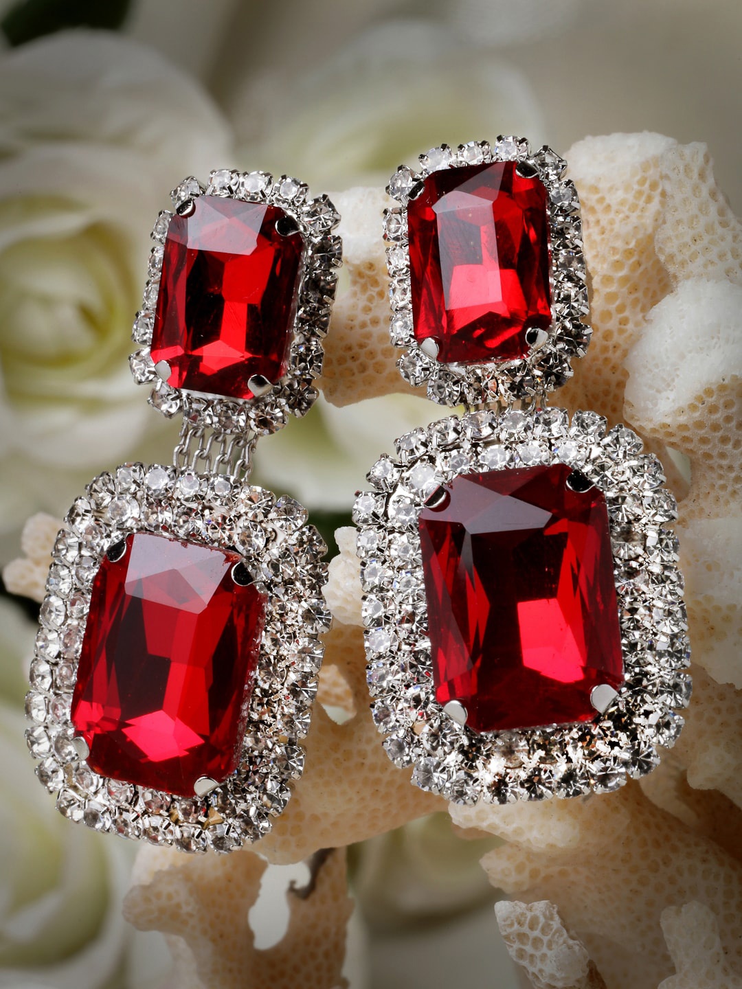 

Moedbuille Silver-Plated Rectangle Shaped CZ-Studded Drop Earrings