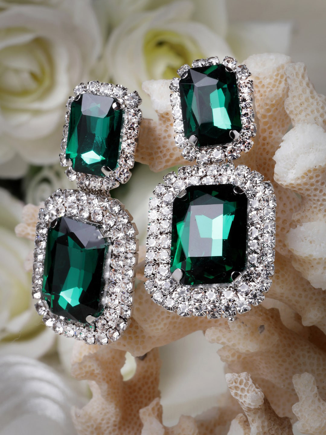 

Moedbuille Silver-Plated Rectangle Shaped CZ-Studded Drop Earrings