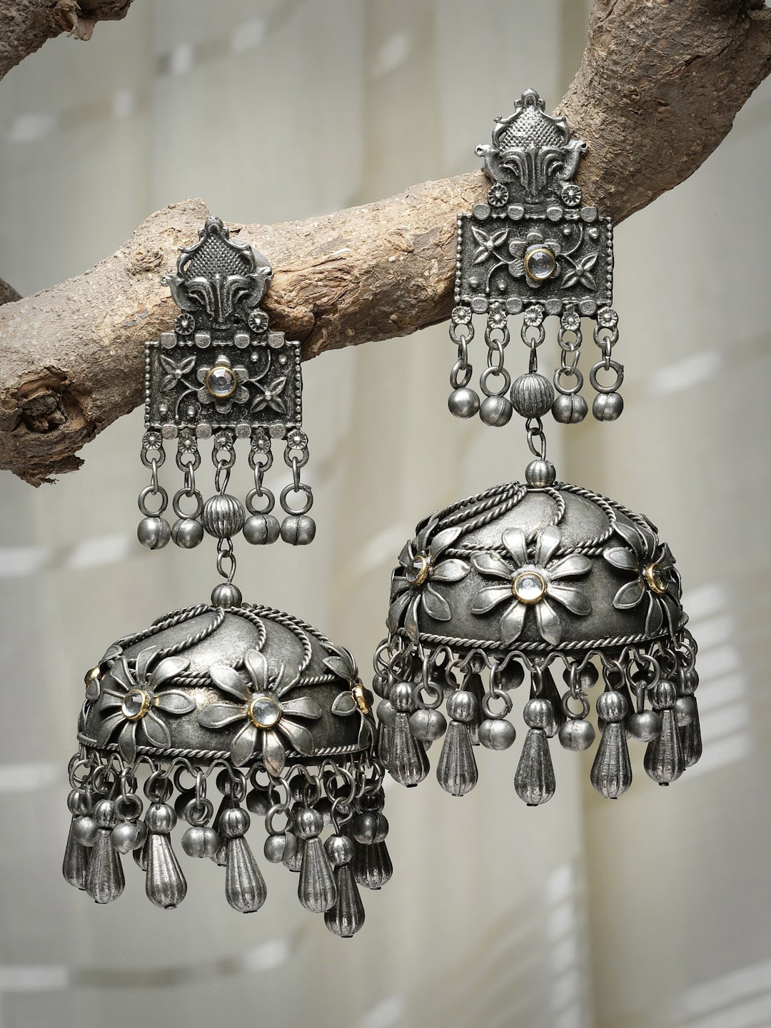 

Moedbuille Silver-Plated Crystals-Studded Dome Shaped Jhumkas