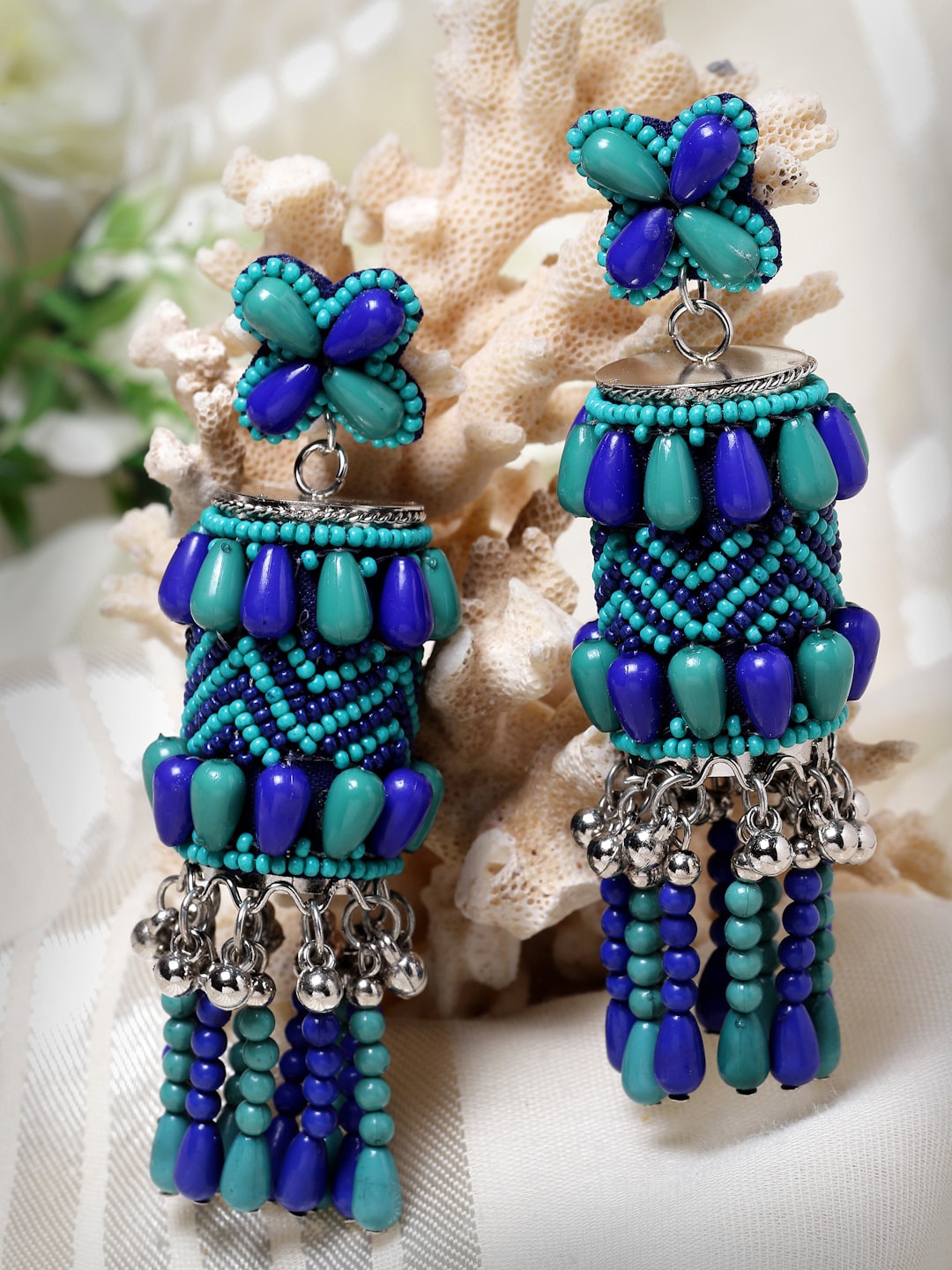 

Moedbuille Silver-Plated Contemporary Jhumkas, Turquoise blue