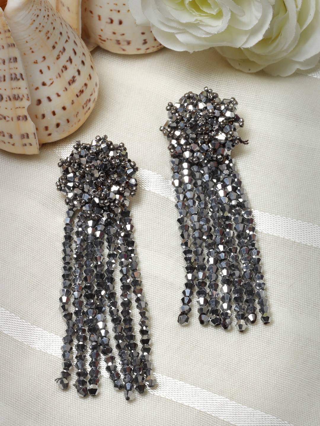 

Moedbuille Silver-Plated Crystals Studded Contemporary Drop Earrings