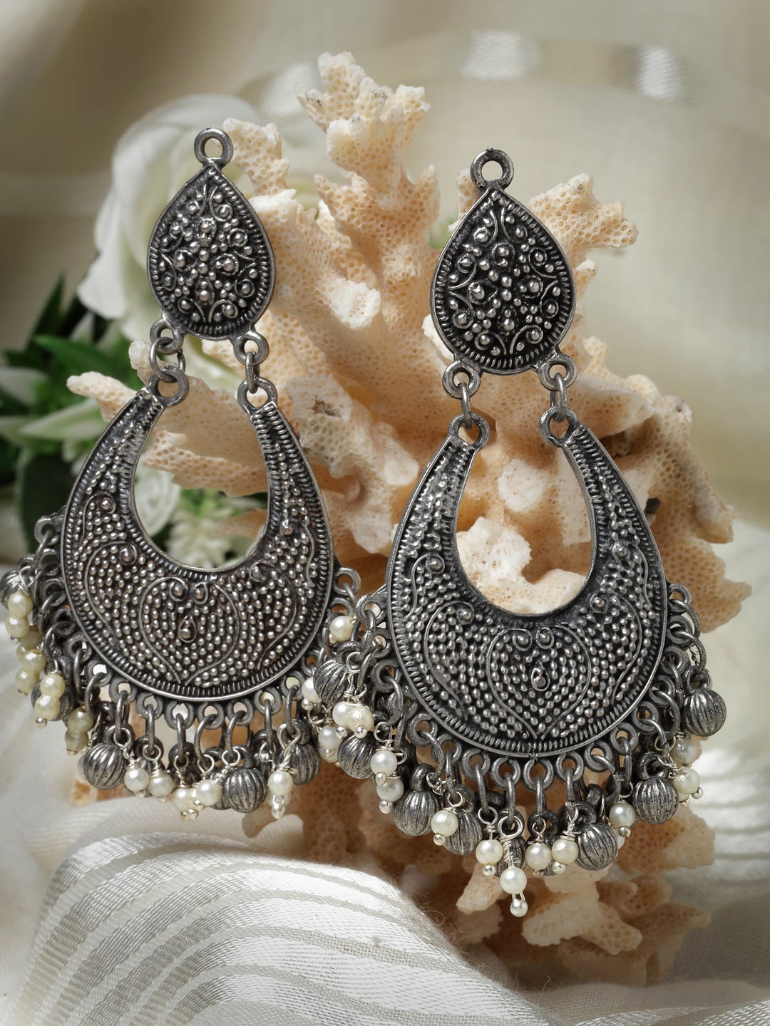 

Moedbuille Silver-Plated Crescent Shaped Beaded Drop Earrings