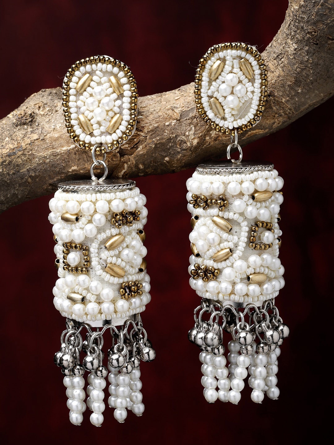 

Moedbuille Silver-Plated Beaded & Pearl Studded Dome Shaped Jhumkas