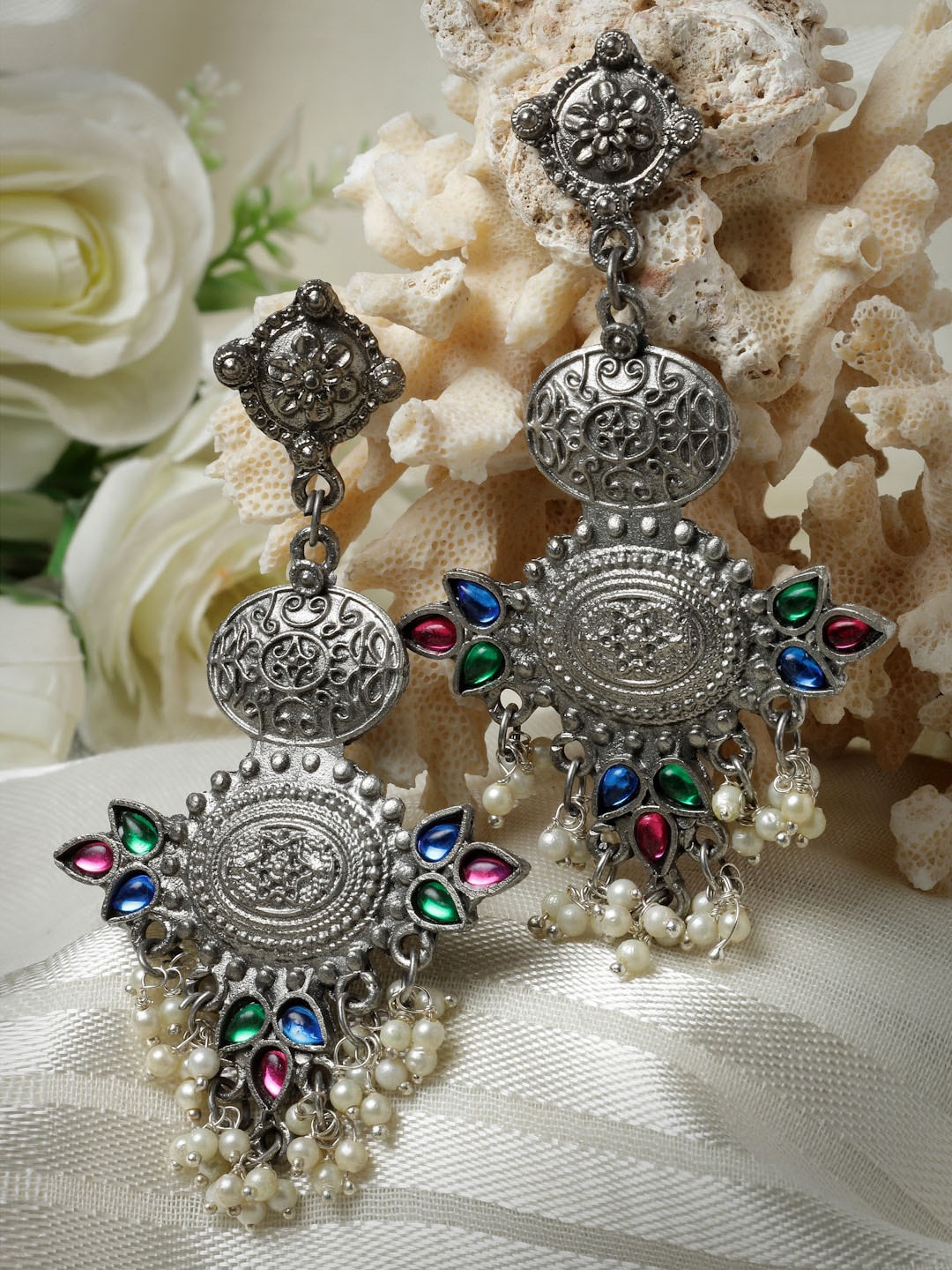 

Moedbuille Silver-Plated Crystals & Pearls Shaped Drop Earrings