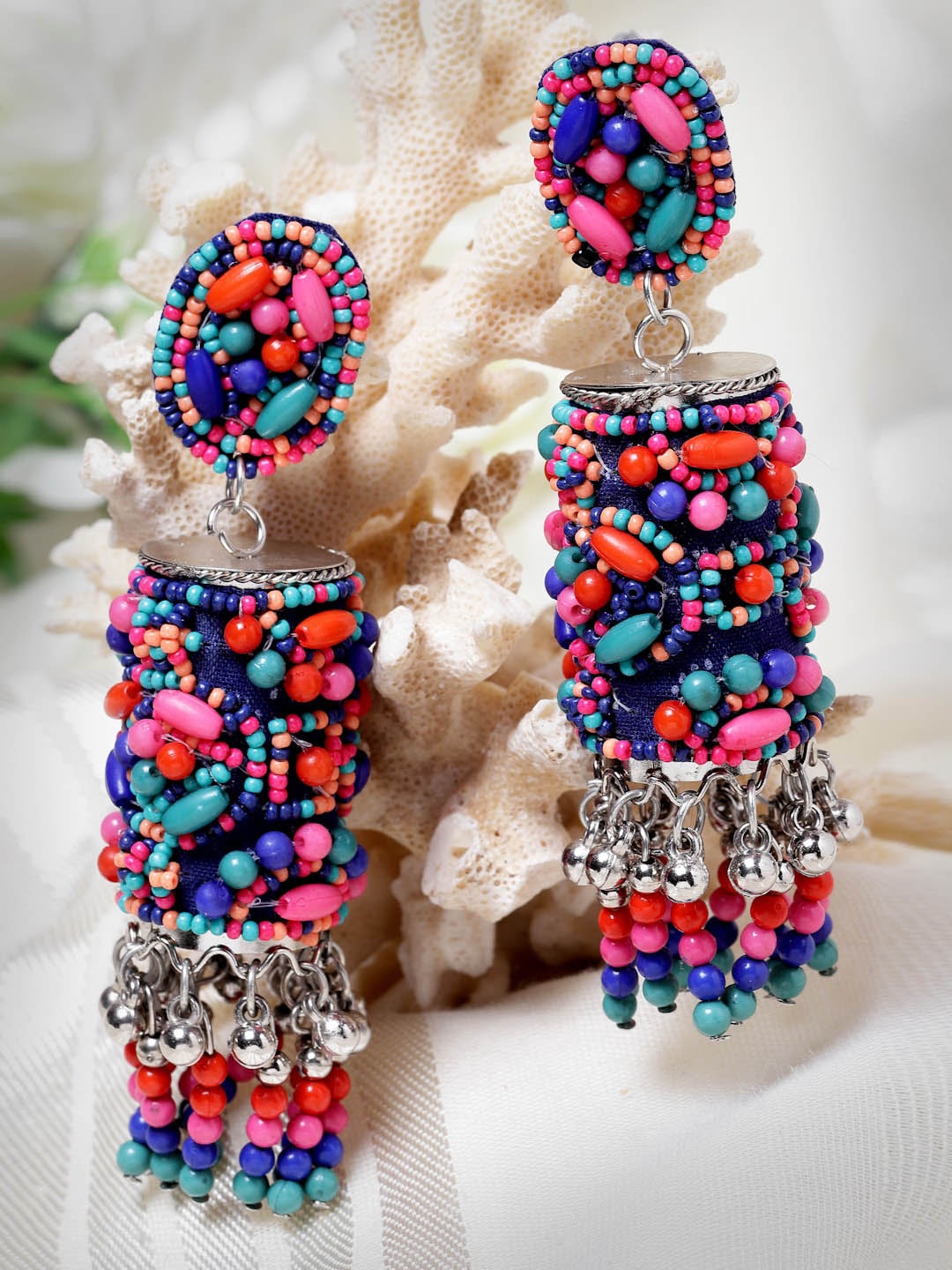 

Moedbuille Silver-Plated Dome Shaped Beaded Jhumkas