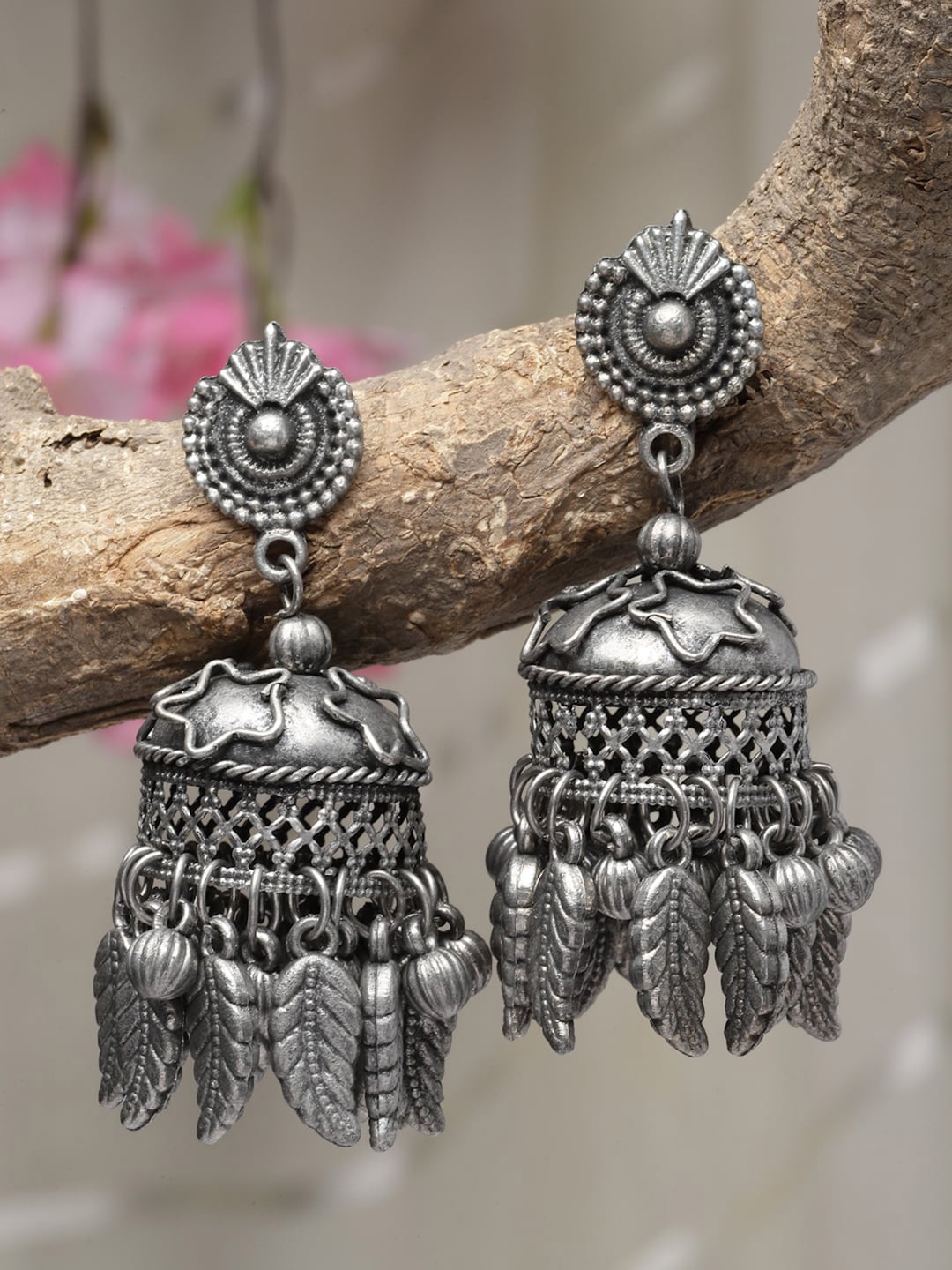 

Moedbuille Silver-Plated Oxidised Dome Shaped Jhumkas