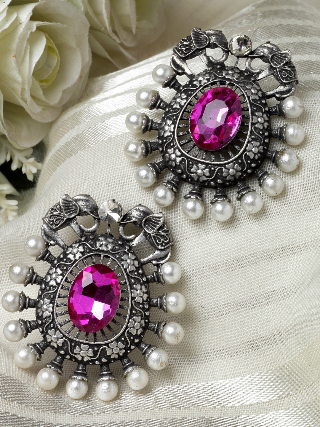 

Moedbuille Silver-Plated Crystal Studded & Pearl Oval Shaped Drop Earrings
