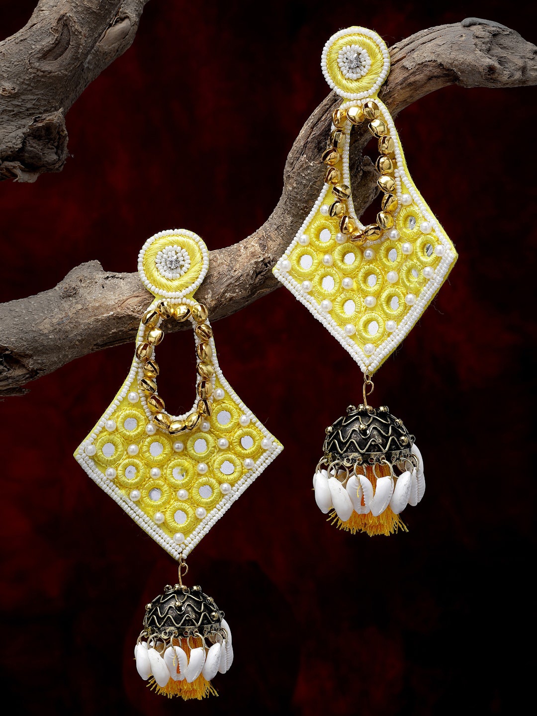 

Moedbuille Gold-Plated Mirror & Cowri Studded Contemporary Jhumkas