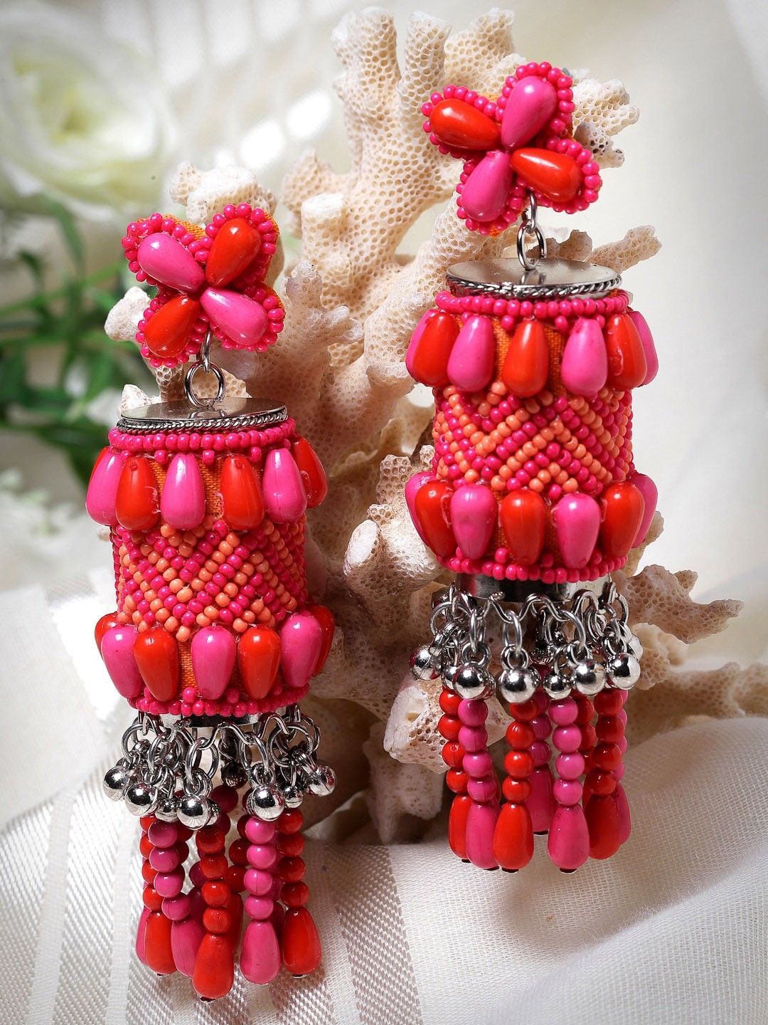 

Moedbuille Silver-Plated Contemporary Jhumkas, Pink