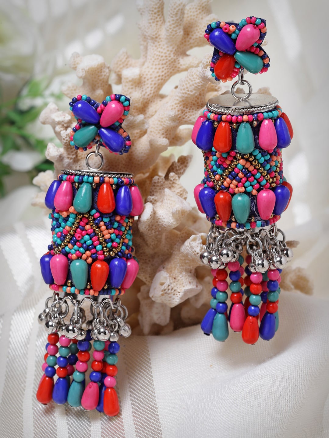 

Moedbuille Silver-Plated Dome Shaped Beaded Jhumkas